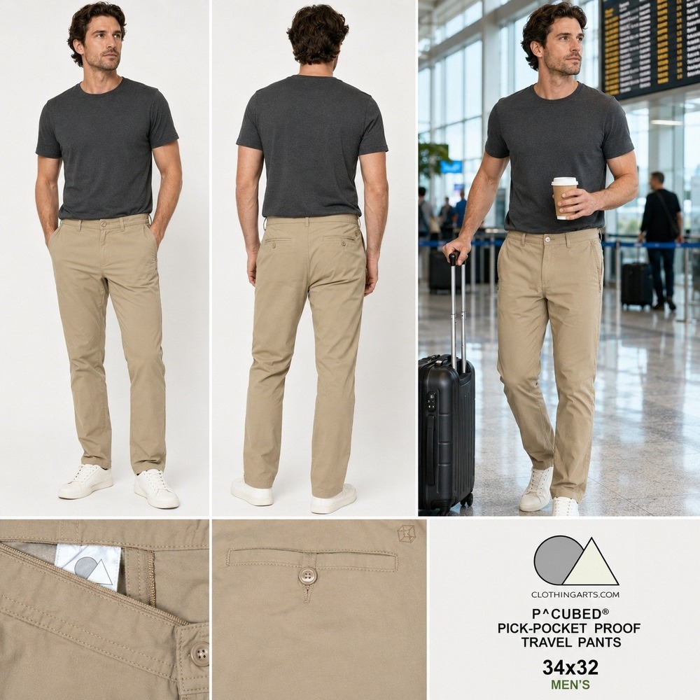 Clothing Arts P^cubed Pick-Pocket Proof Travel Pants Khaki Tan Mens 34x32 Nylon